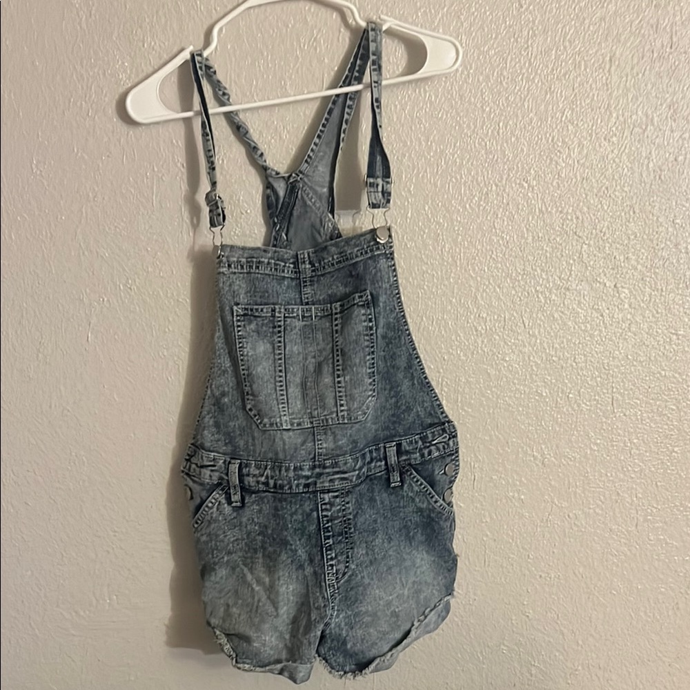 Distressed jean short overalls